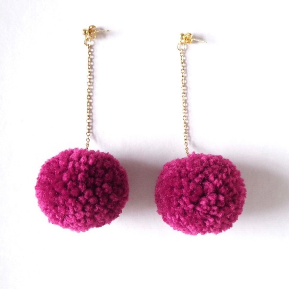 Deep Pink Pom Pom Long Chain Earrings